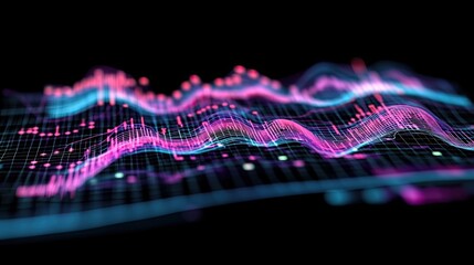 Abstract 3D visualization of wavy lines and grids forming a dynamic data landscape. Ideal for technology presentations or music visualizations.