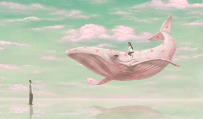 Love and valentine's day concept art. surreal artwork. conceptual illustration. whale and couple lover. © Jorm Sangsorn