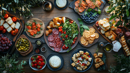 Fototapeta premium Gathering of delicious appetizers and fresh ingredients on a rustic table in natural light