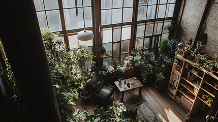 A cozy industrial loft filled with lush greenery, large factory windows let in sunlight, highlighting a wooden table and chairs surrounded by plants and a warm atmosphere