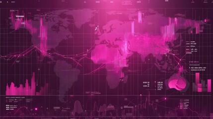 A vibrant pink world map interface displays global data connections and market trends. Ideal for financial analysis presentations or technology dashboards.