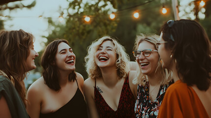 A diverse group of young women laughing together outdoors, enjoying a joyful moment under string lights, showcasing vibrant personalities and friendship