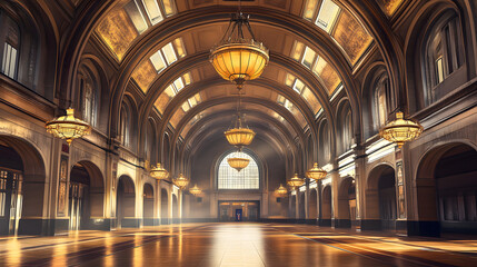 Obraz premium A grand historical train station features high ceilings, elegant chandeliers, and exquisite architectural details, creating a sense of nostalgia and grandeur in the space