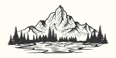 hand drawn mountain design. illustration of mountains and pine trees.