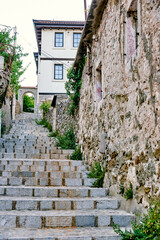 Concrete staircase city park, stair on green grass background summer afternoon