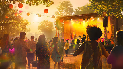 A lively outdoor festival features a diverse crowd enjoying music and dancing under warm lighting, with people of various ethnicities and ages celebrating together