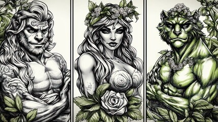 Fototapeta premium A stylized trio of characters featuring a muscular man, a woman, and a green beast, adorned with foliage.