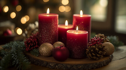 Festive candle arrangement with glowing lights and holiday decorations during winter