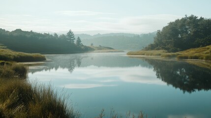 Obraz premium Calm lake reflects misty trees, hills.