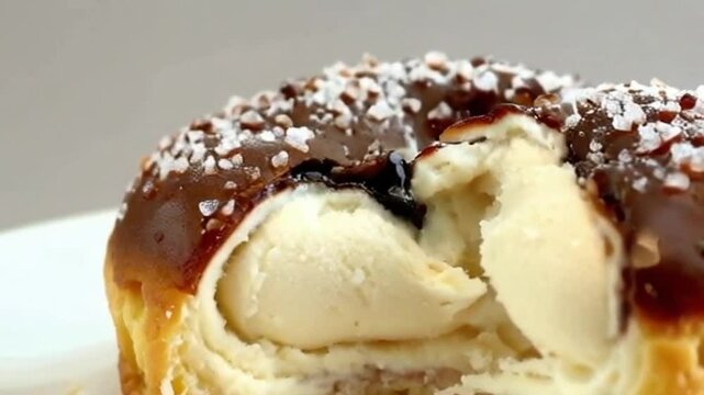 Espresso cronut with coffee filling and a taupe background, enhancing coffee tones in a creamy indulgent bite