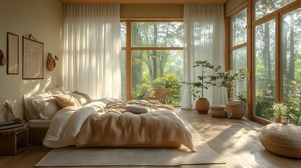 A summer-inspired bedroom with light pastel tones, sheer curtains, and a sunny window view