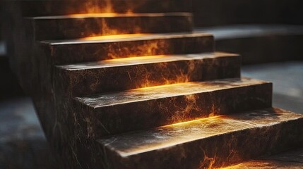 Naklejka premium Dark marble stairs glow with a warm light beneath each step. Ideal for website banners or atmospheric backgrounds showcasing luxury and elegance.