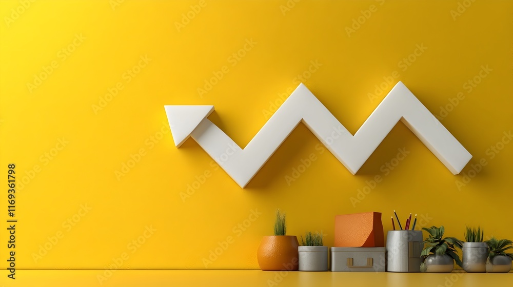 Poster falling percentage icon with dropped white chart arrow on luminous yellow backdrop visualizing dropp