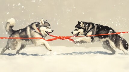 Naklejka premium Two Alaskan Malamutes Play Tug Of War In The Snow