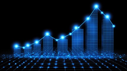 Blue glowing bar chart with upward trend line on dark digital grid. Visualizes growth data analytics finance technology and business success.