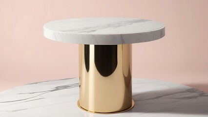 Modern Round Coffee Table with White Marble Top and Gold Metal Base Against Soft Pink Background