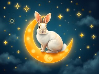 Cute Bunny on Crescent Moon  Night Sky  Stars  Dreamy