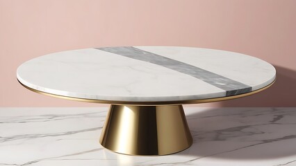 Modern Round Coffee Table with White Marble Top and Gold Metal Base Against Soft Pink Background