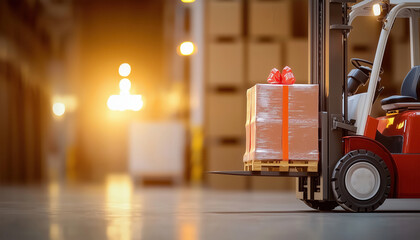 A Valentine’s Day forklift and shipping concept merges love with logistics. Forklift transporting a package in a warehouse setting.