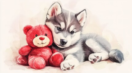 Fototapeta premium Husky Puppy Cuddling Red Teddy Bear Toy