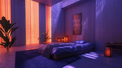 Serene bedroom, purple hues, soft lighting, plants.