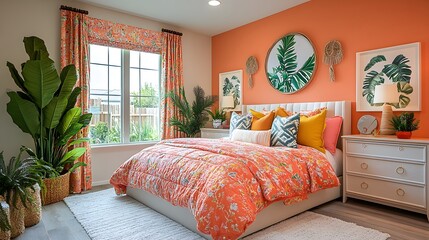 A summer-inspired teen bedroom with bright colors and playful decor elements
