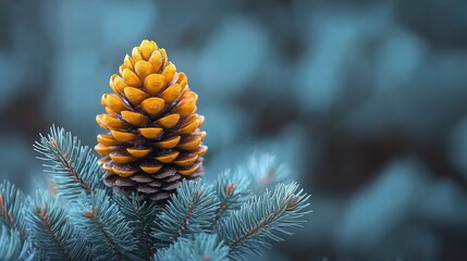 Golden pine cone on blue spruce branch.