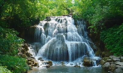 Lush greenery surrounds a cascading waterfall.