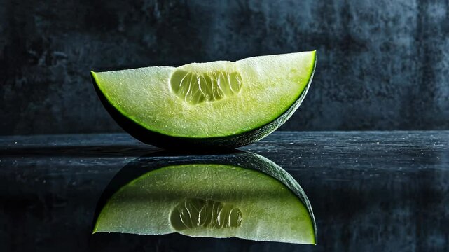 Fresh green melon slice reflects beautifully on dark surface with textured background