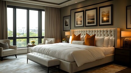 A chic summer apartment bedroom with sleek furnishings and modern style