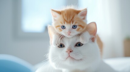 A delightful orange kitten playfully perched on a white adult cat’s mother head, with both displaying curious expressions. Mother’s Day with love and care