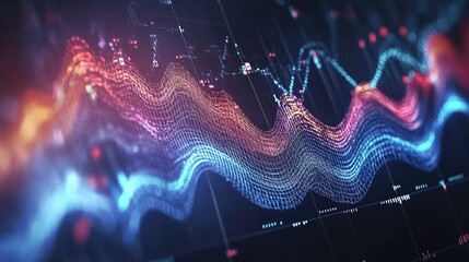 A vibrant waveform visualizes data flow. Ideal for music visualization, financial market analysis, or scientific data representation.