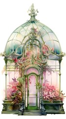 Ornate Art Deco Bow with Vibrant Floral Accents in Lush Greenhouse Setting