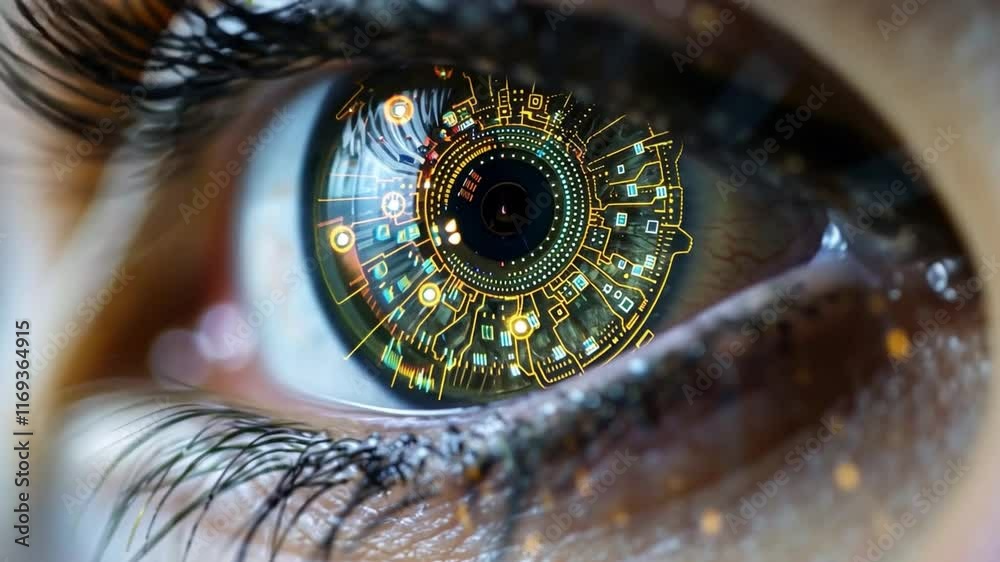 Poster A close-up view captures intricate circuit patterns integrated within a human eye, showcasing a blend of technology and biology. The vivid details highlight advanced AI concepts.