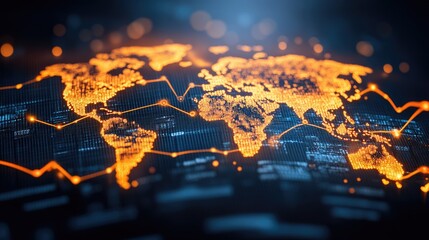 A digital world map with glowing lines connecting points visualizing global networks or data flow. Ideal for technology presentations or data visualization projects.