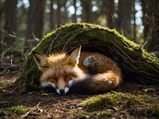 Sleeping Red Fox in Forest Den