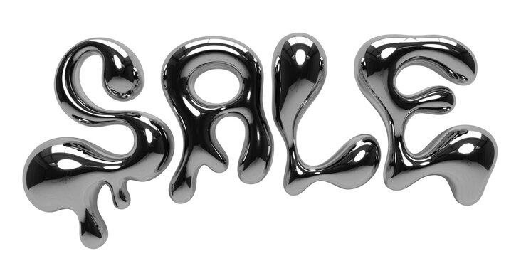 Text design of word SALE. 3d chrome liquid inscription. Letters with dripping molten metal effect. Silver bubble typeface. Volumetric word Sale isolated on white background. Y2K style lettering