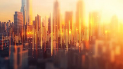 Fototapeta premium Blurry cityscape at sunset with an overlay of an orange digital equalizer visualization. Perfect for music tech or urban innovation backgrounds.