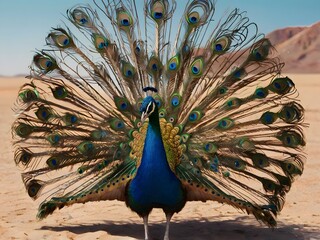 Fototapeta premium Majestic Peacock in Desert Displaying Vibrant Tail Feathers