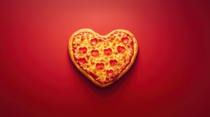Fototapeta premium Pizza heart shaped and on red background . Concept of romantic love for Valentines Day .