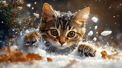 Mischievous tabby cat playfully pouncing through a winter wonderland of freshly fallen snow surrounded by a serene backdrop of vibrant green pine trees and a crystalline icy landscape