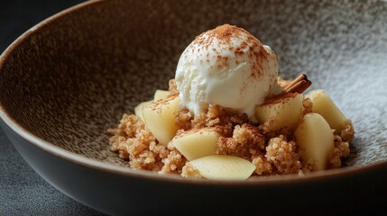Apple Crumble Dessert Topped With Ice Cream And Cinnamon
