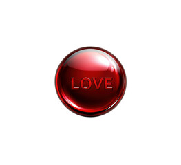 A glossy red button featuring the word love in bold, embossed letters. The smooth surface reflects light, creating an attractive and inviting appearance for decoration or thematic use.