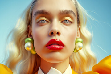 A striking portrait of a woman with golden makeup, oversized green accessories, and red lipstick. A modern and creative approach to fashion photography.