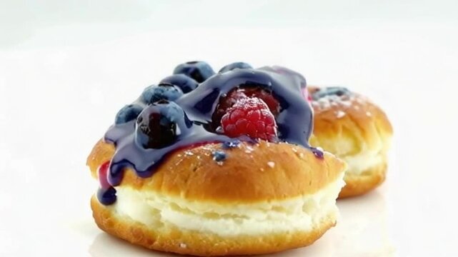 Berry cronut with blueberry and raspberry glaze, filled with fruity fillings, set against a white background enhancing vibrant hues