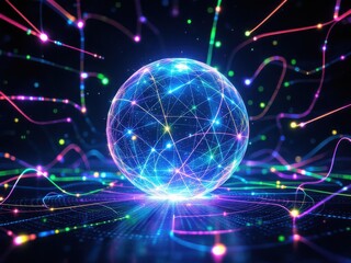 Glowing Digital Sphere with Network Connections in Futuristic Setting