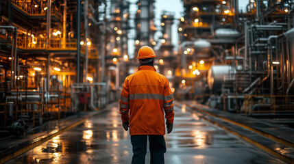 Factory workers or engineers walking by gas pipelines inside refinery production plant. oil and gas production.