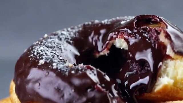 Chocolate cronut with molten ganache, revealing flaky layers that crumble, set against a gray background to enhance glossy richness