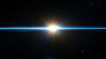 Bright Lens Flare With Linear Beams Of Blue And Yellow Crossing A Black Sky Featuring Gentle Gradients And Scattered Tiny Stars