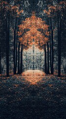 Fototapeta premium Autumnal Symmetry: A Mirrored Forest Path
